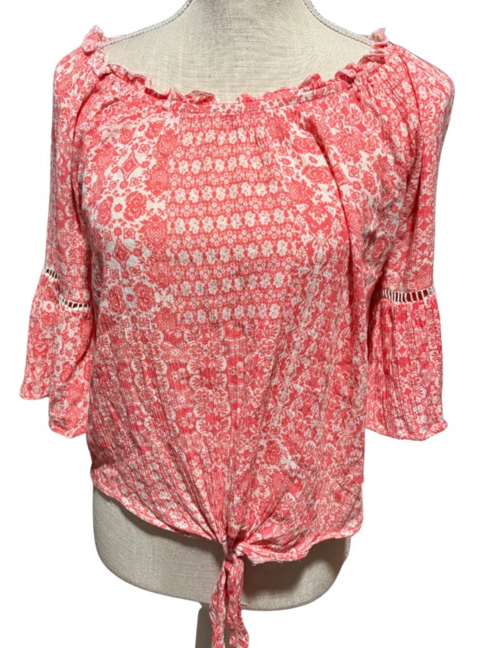 Eye Shadow Coral Boho Off Shoulder Floral Bell Sleeve Tie Front Top